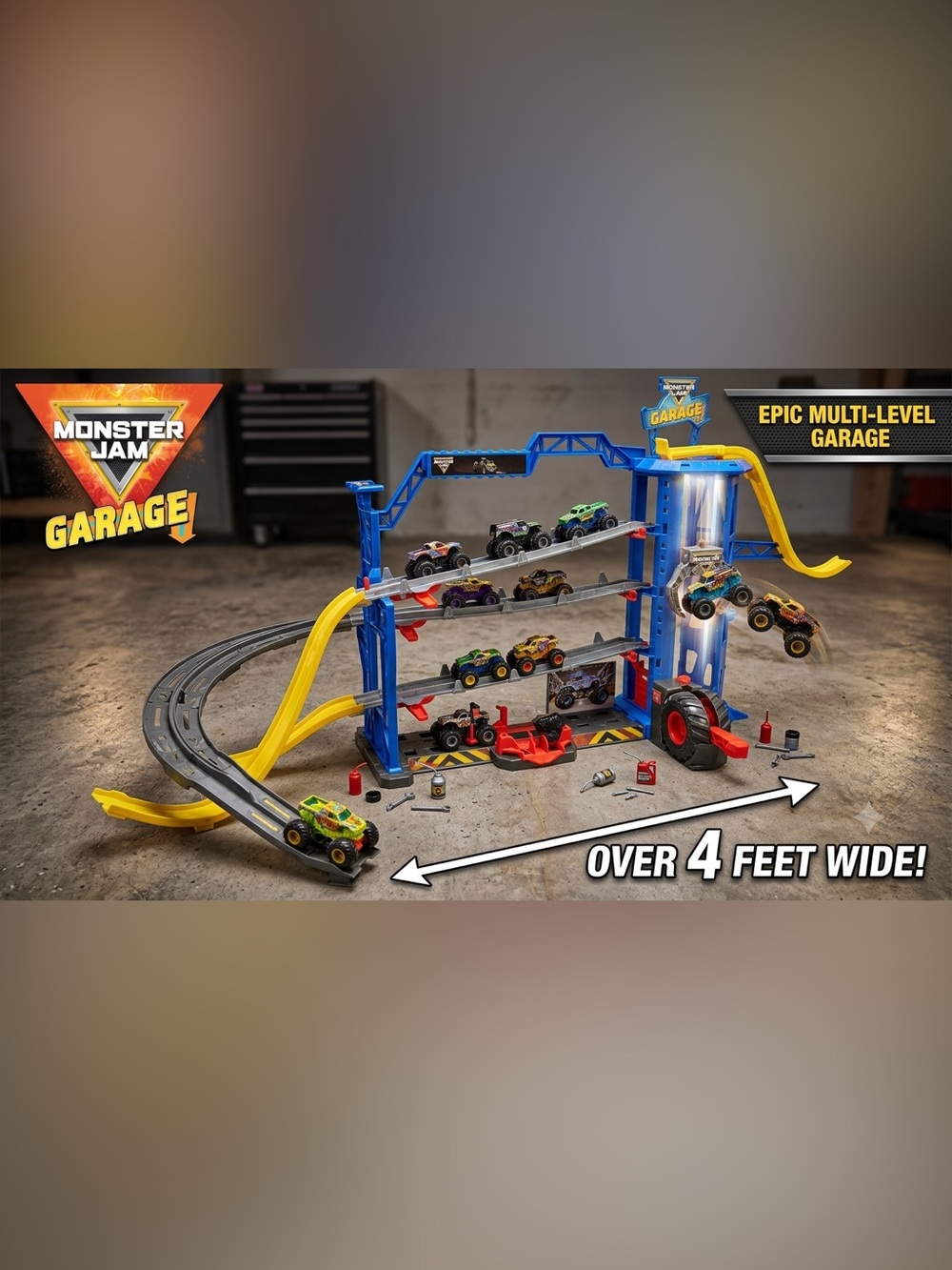 Monster Jam Garage Playset Multi Level Ramps Track Storage Kids Toy Over 4ft